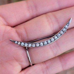 Antique Victorian sterling silver crescent moon crystal studded brooch or pin